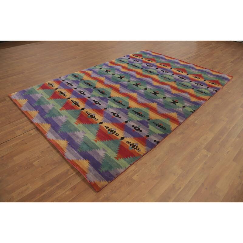 Hand-knotted Tribal Wool Purples Geometric Oriental Area Rug - 9' 2'' X 6' 1''