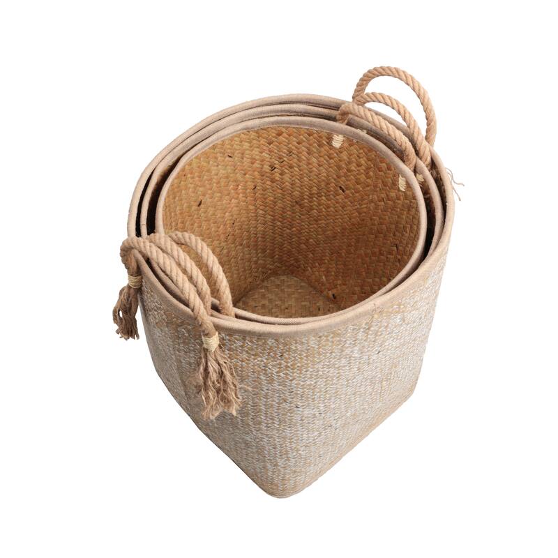 Celia Handwoven Palm Leaf Nesting Storage Baskets with Rope Handles (Set of 3)