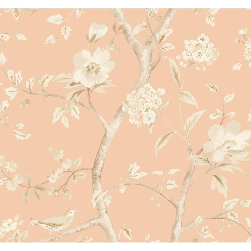 Seabrook Designs Lillian August Southport Floral Trail Unpasted Wallpaper - 27 in. W x 27 ft. L - Soft Melon and Arrowroot