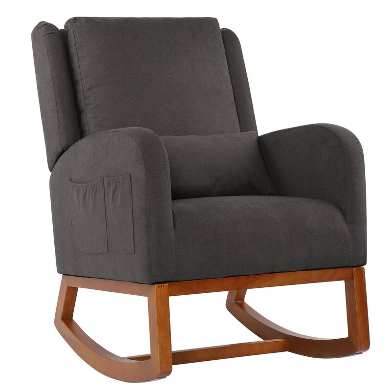 Nursery Rocking Chair High Back Armchair with Side Pocket Rubber Wood Legs and Pillow Flannel Chair for Living Room/Bedroom