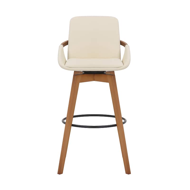 30 Inch Leatherette Swivel Barstool, Cream and Walnut