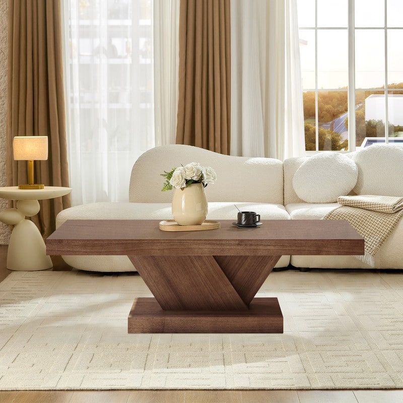 Modern 47" Cross Leg Coffee Table with Sturdy X-Shape Design and Solid Wood Veneer for Living Room - Walnut