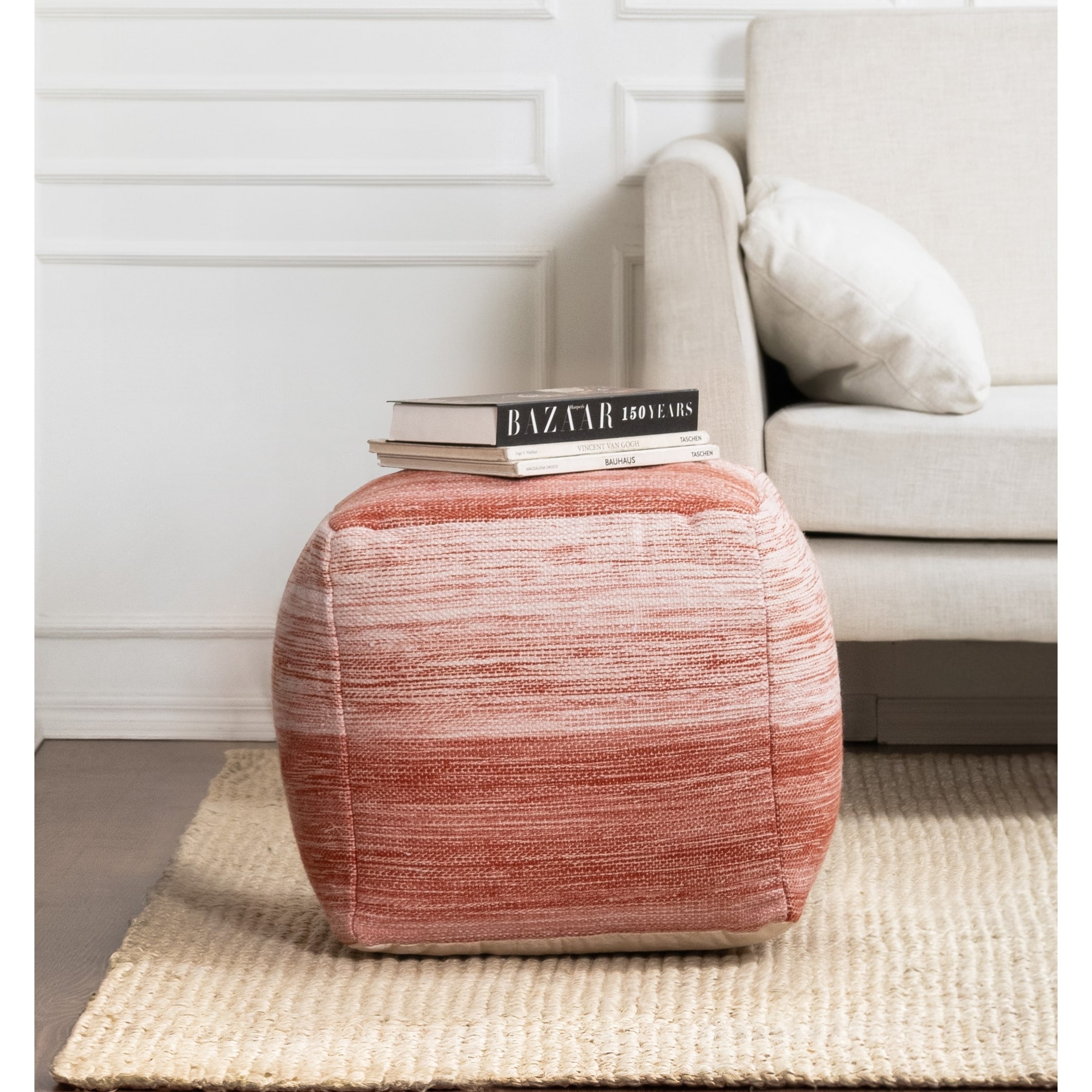 Jani Caledonia 20 x 20 x 20 Square Red & Ivory Pouf Ottoman - Handmade Footrest for Living Room, Bedroom, Nursery