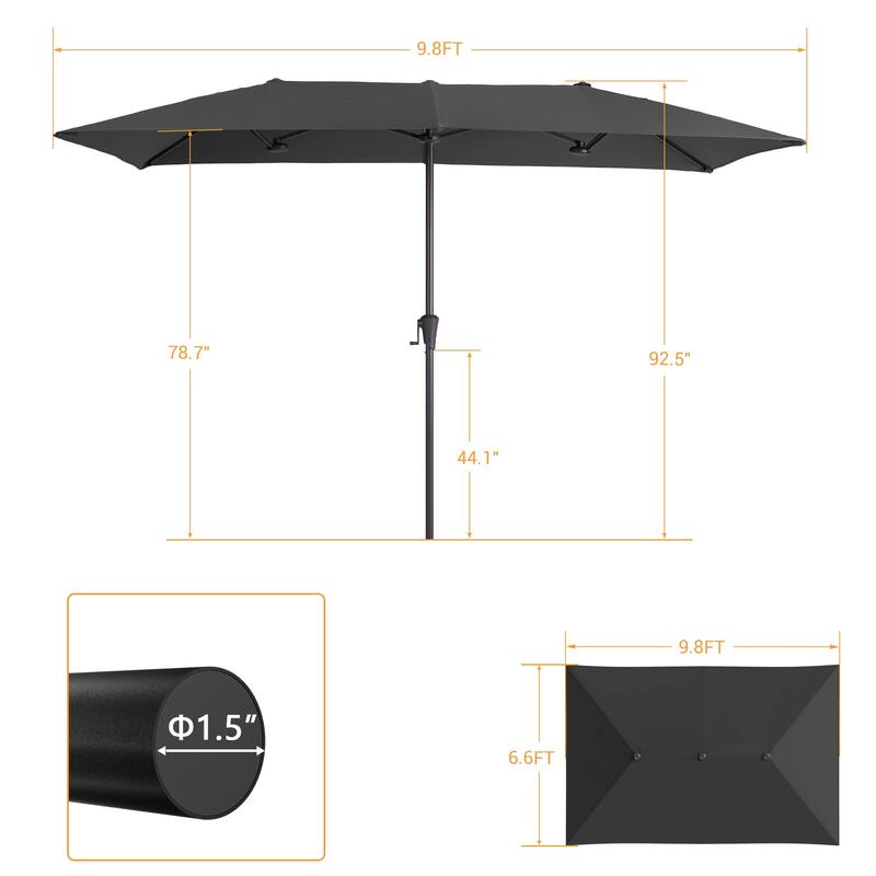 LIVOOSUN 10 x 6.5Ft Large Double-Sided Rectangular Outdoor Patio Market Umbrella with Crank, Gray