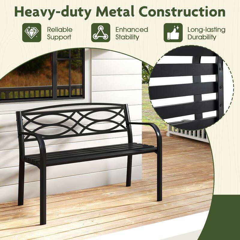 2-Person Outdoor Black Metal Bench with Ventilated Seat and Curved Armrest for Patio or Yard - 19.5" x 45.5" x 32.5"