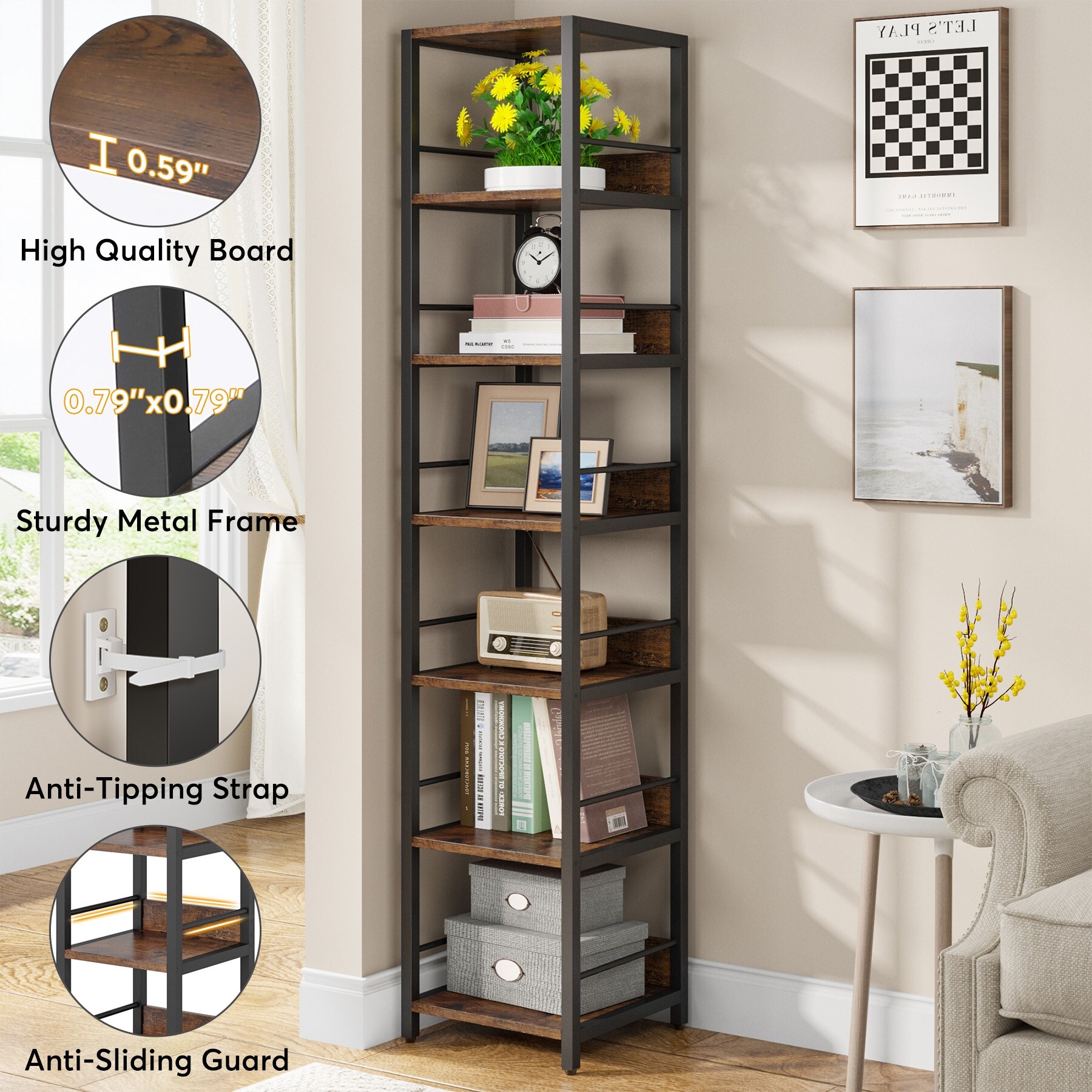 Industrial 75'' Tall Solid Corner Shelves, 6-Tier Narrow Bookshelf