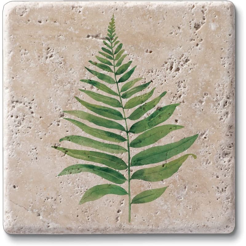 Fern Study 4 Pack Natural Travertine Absorbent Stone Coasters with Protective Cork Backing Manufactured in The USA - Multi