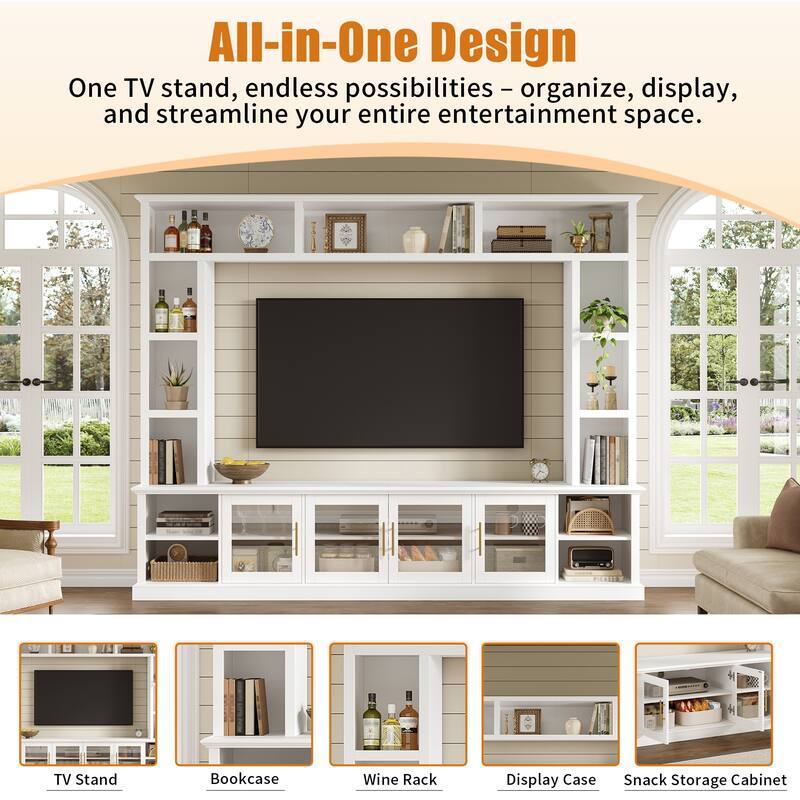 Entertainment Center Wall Unit for TVs up to 80", All-in-One TV Stand Glass Doors Storage Cabinet Bookcase Wine Rack