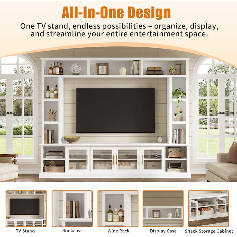 Wall Unit Entertainment Center for TVs up to 80", All-in-One TV Stand with Bookshelves, Glass Doors, Media Console with Shelving