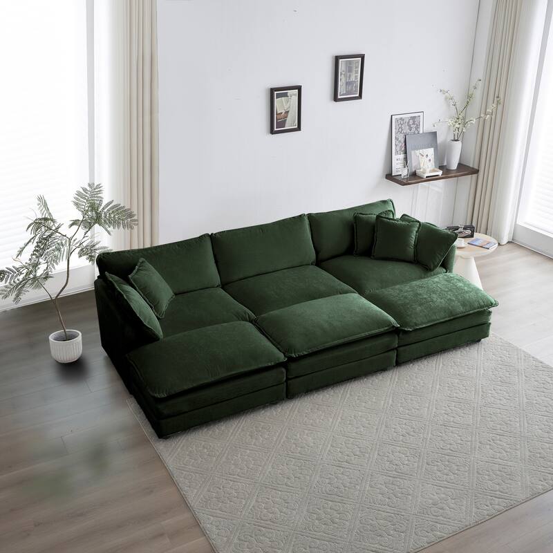 Green 6-Seater U-Shape Sectional Sofa with 3 Ottomans and Pillows - Green