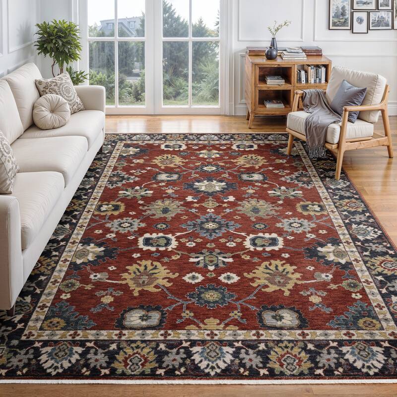 Esme Traditional Floral Blue/ Multi Area Rug - 5' 3" x 7' 6" - Rust Red/ Blue - Rectangle
