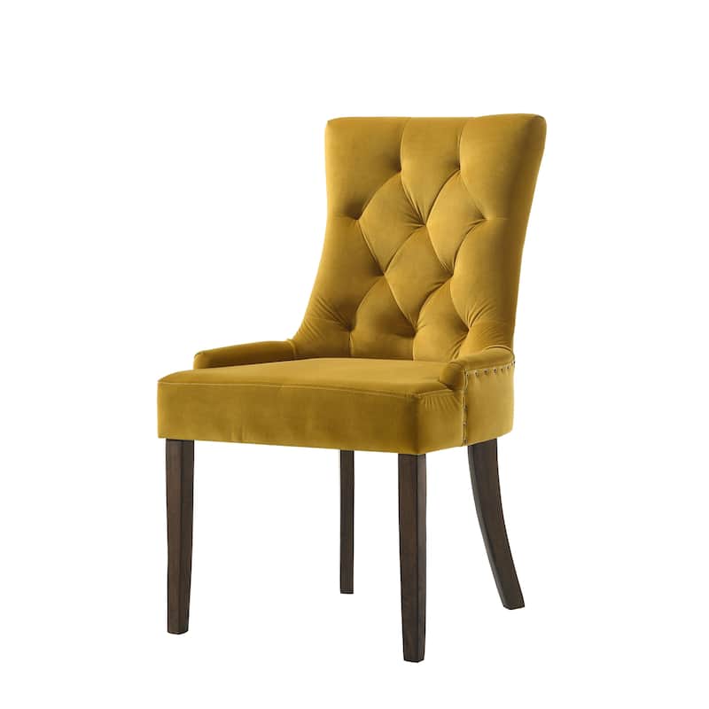 HomeRoots Set of Two Tufted Yellow and Espresso Upholstered Velvet And Solid Wood Dining Side Chairs