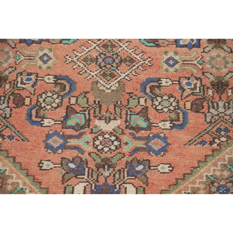 Hand Knotted Oriental 100% Wool Carpet Traditional Geometric Coral Hamedan Runner Rug - 10' 4'' X 3' 3''