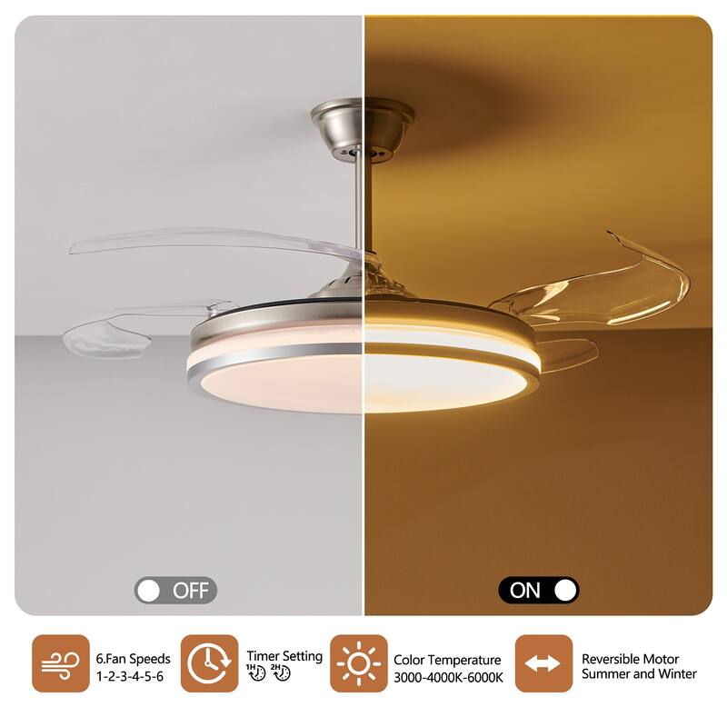 Retractable Ceiling Fan with Light and Remote Control, 6 Speeds DC Motor Ceiling Fan for Living Room Bedroom - 42 Inch