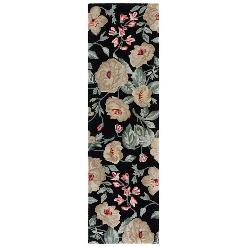 SAFAVIEH Handmade Jardin Hipolita Country Floral Wool Rug - 2'3" x 8' Runner - Black/Beige
