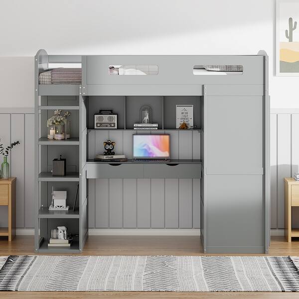 slide 2 of 80, Stylish Loft Bed Wood Bed Loft Frame with Built-in Desk and Bookshelf, Double Door Wardrobe, Storage Shelves Ladder, 4 Drawers Grey - Twin