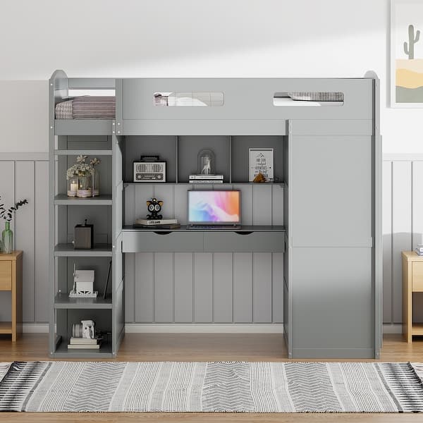 slide 2 of 40, Wooden High Loft Bed Frame with Built In Desk,Wardrobes and Storage Gray - Twin
