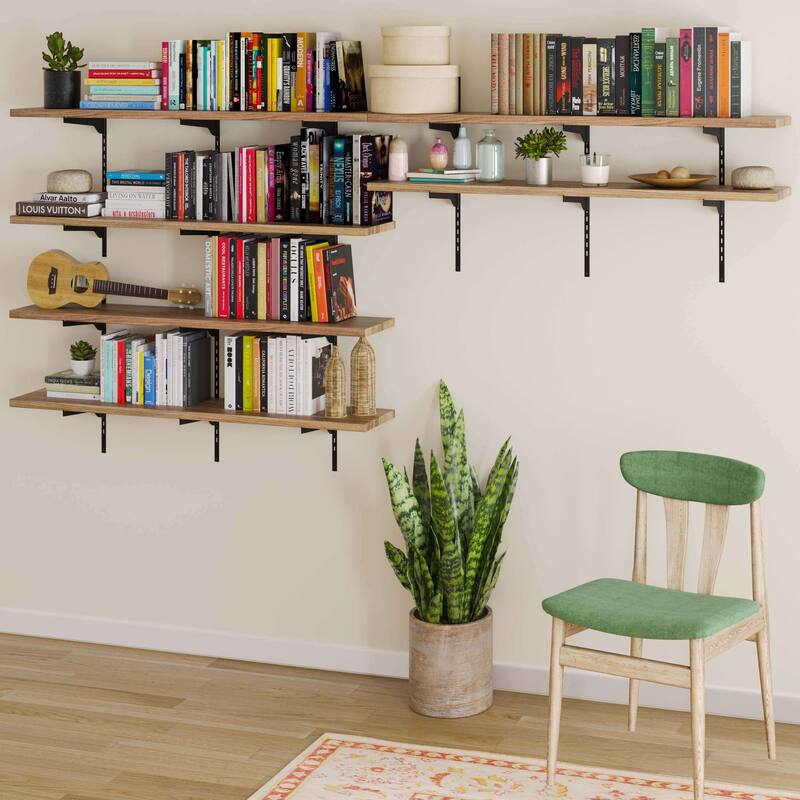 Wallniture Turin 48" Adjustable Shelf, 10" Deep Wood Floating Bookshelf, Wall Shelf Unit for Living Room, Boho, Tier Options