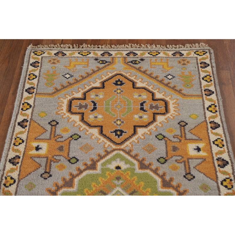 Geometric Kazak Indian Runner Rug Hand-Knotted Wool Carpet - 2'7"x 8'0"