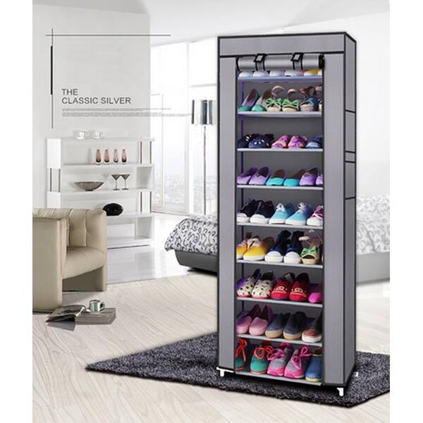 slide 2 of 7, 10-Tier Shoe Tower Rack with Cover 27-Pair Shoe Storage Grey