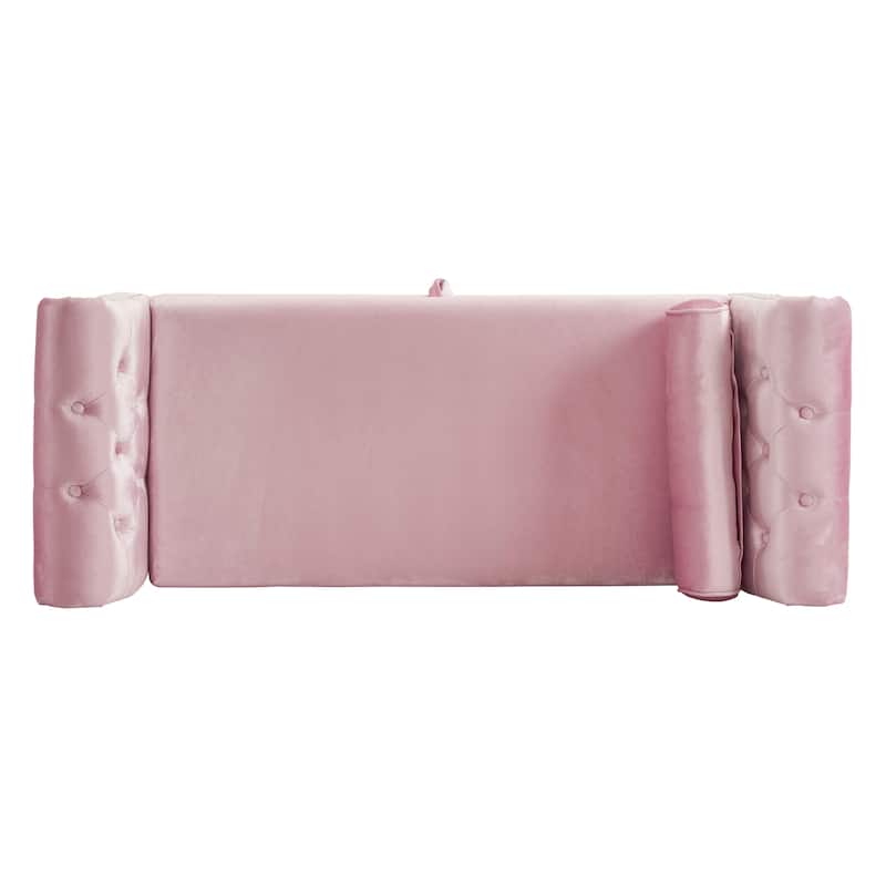 51.25" Velvet Storage Ottoman Bench with Rolled Arms and Wood Legs