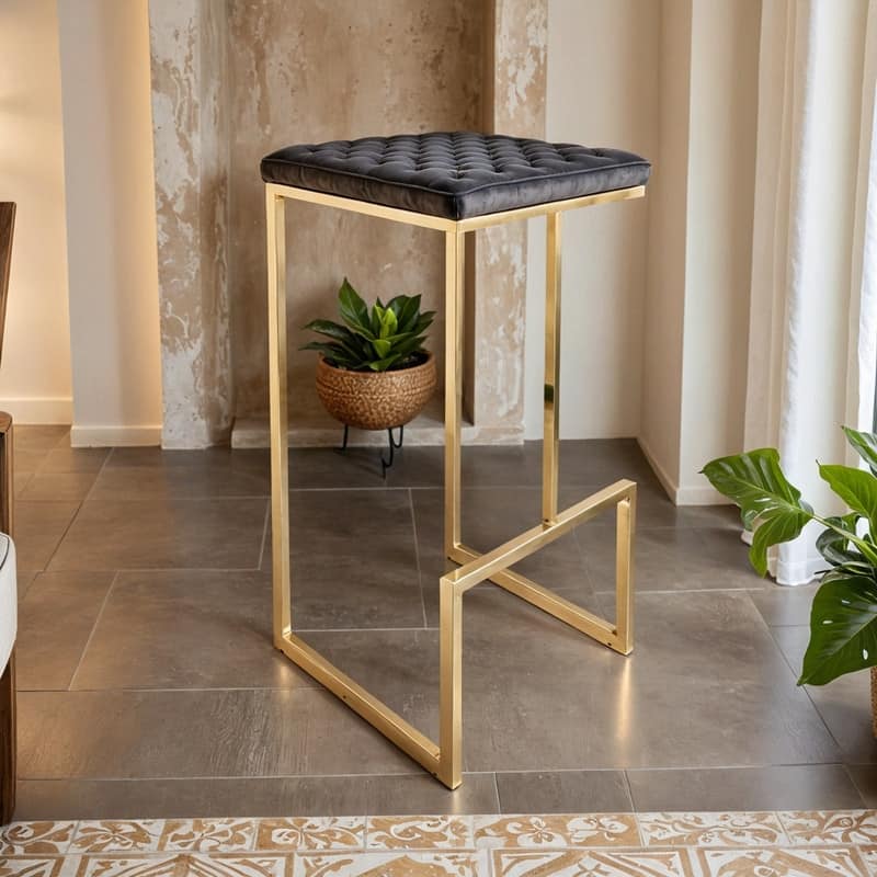 Quincy Modern Leather Barstool with Upholstered Square Seats in Gold Metal & Footrest for Home Bar & Kitchen Counter