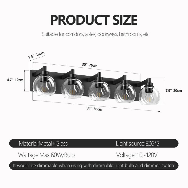 Bathroom Light Fixtures Over Mirror 5-Lights Bathroom Vanity Light with Clear Globe Glass Shade Modern Black Vanity Light