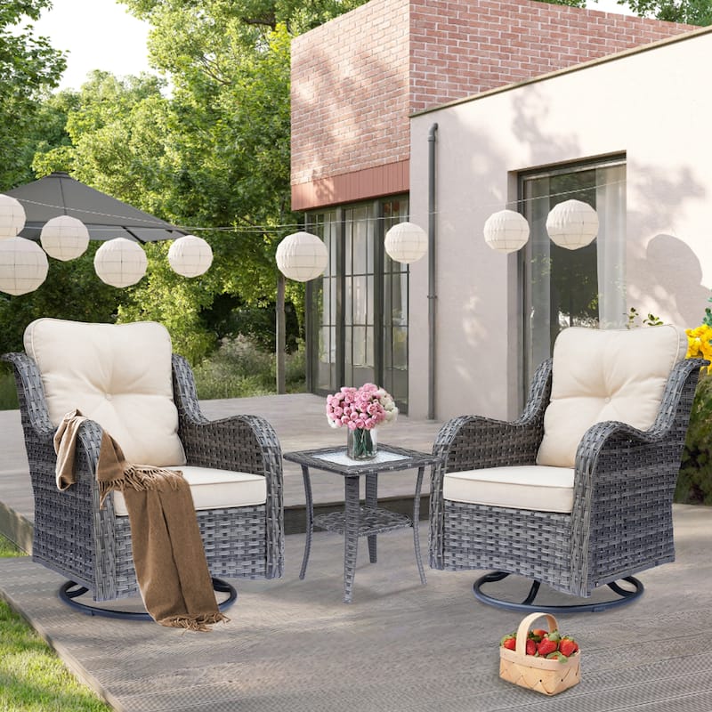 3 Piece Outdoor Patio Furniture Wicker High Back Swivel Chairs Set of 2