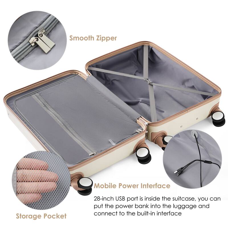 Merax 3 Piece ABS Hardshell Front-Opening Luggage Sets, Carry on Suitcase with USB Port and Cup Holder & Spinner Wheels