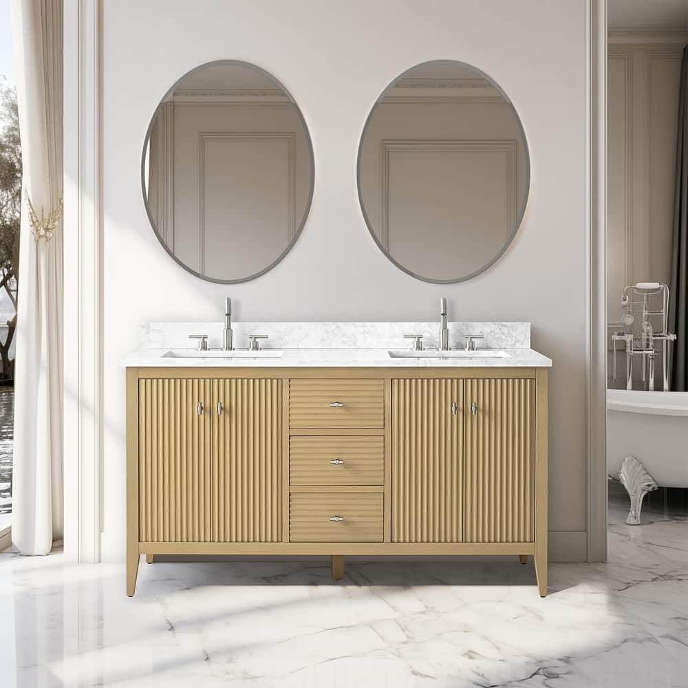 Vanity Art 60" Double Sink Bathroom Vanity Cabinet with Engineered Marble Top