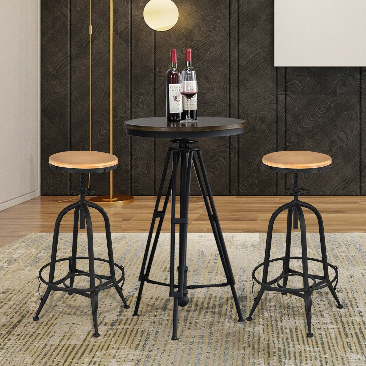 Costway Set Of 2 Vintage Bar Stools Industrial Metal Design Wood Top Adjustable Swivel
