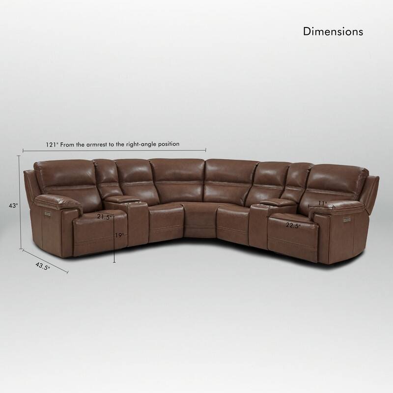 121" W Premium Genuine Leather Dual-Power Sectional Sofa with Console, Zero Gravity, Adjustable Headrest