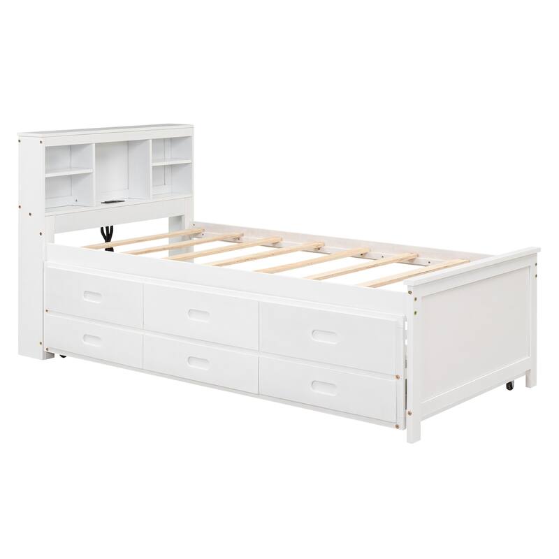 Twin & Full Size Platform Bed with Storage Headboard, USB, Twin Size Trundle and 3 Drawers