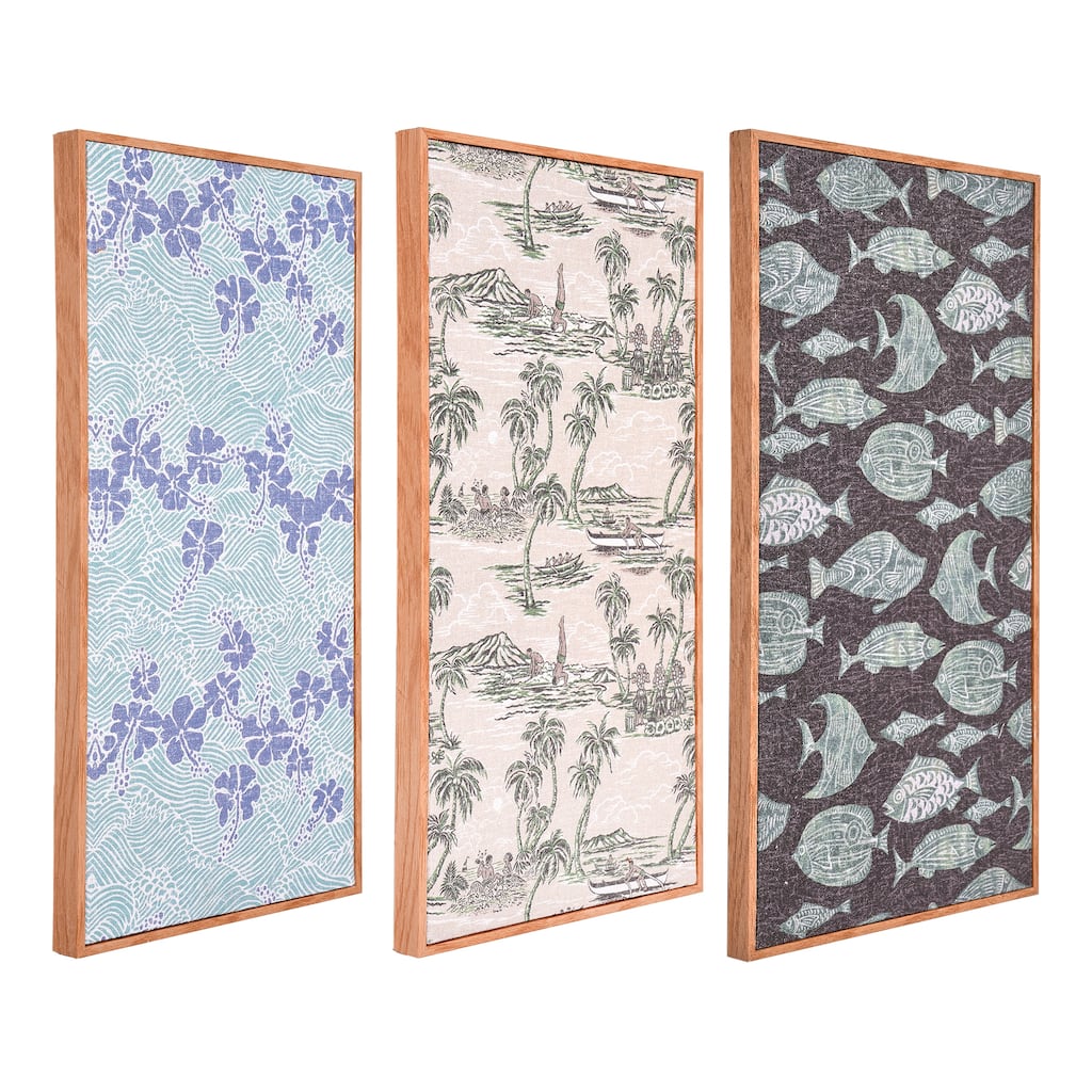 Kona Coast by Reyn Spooner 50th State Waves, The Reef, Island Paradise, Printed Linen Wall Art Set of 3