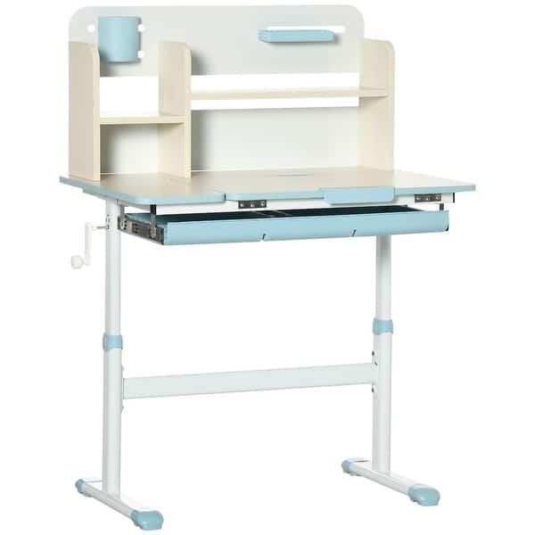 slide 2 of 14, Qaba Wooden Kids Study Desk, Height Adjustable Children School Study Table, Student Writing Desk with Tilt Desktop Blue