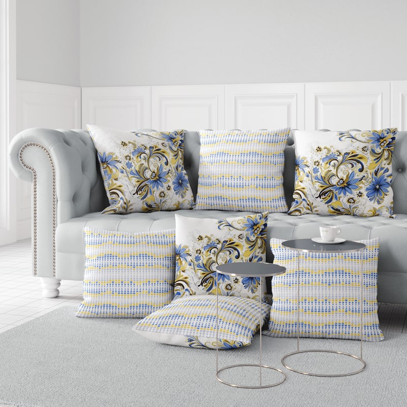 Yellow And Blue Wild Flora Fusion Indoor/Outdoor Throw Pillow Zipper