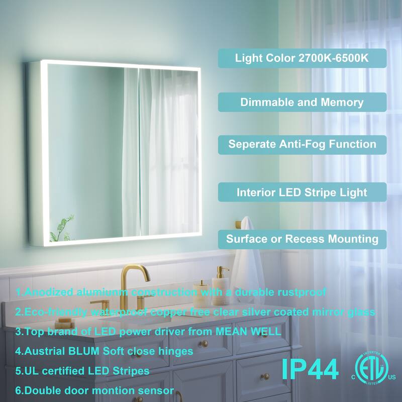 30'' H Recessed or Surface Frameless LED Mirror Cabinet With Defogger, Dimmer, Outlets & USB Ports 