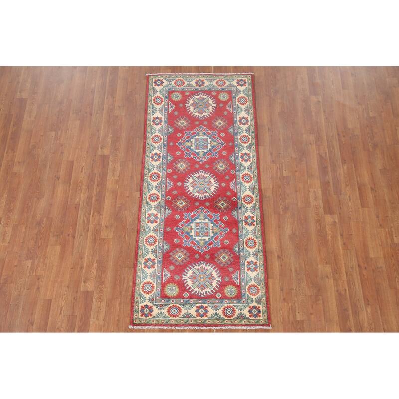 Hand Knotted Oriental 100% Wool Carpet Traditional Geometric Red Kazak Area Rug - 6' 5'' X 2' 9''