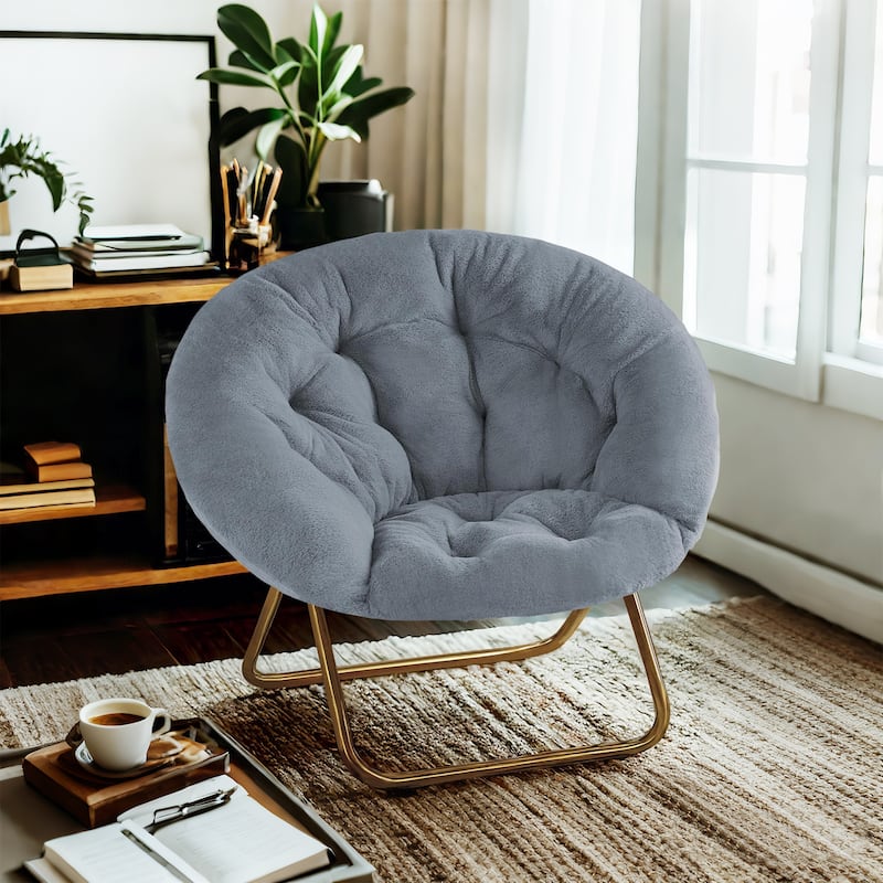 Cozy Saucer Chairs Faux Fur Living Room Reading Lounge Furniture Folding Comfy - 25.6"D x 35.8"W x 32.3"H - Grey