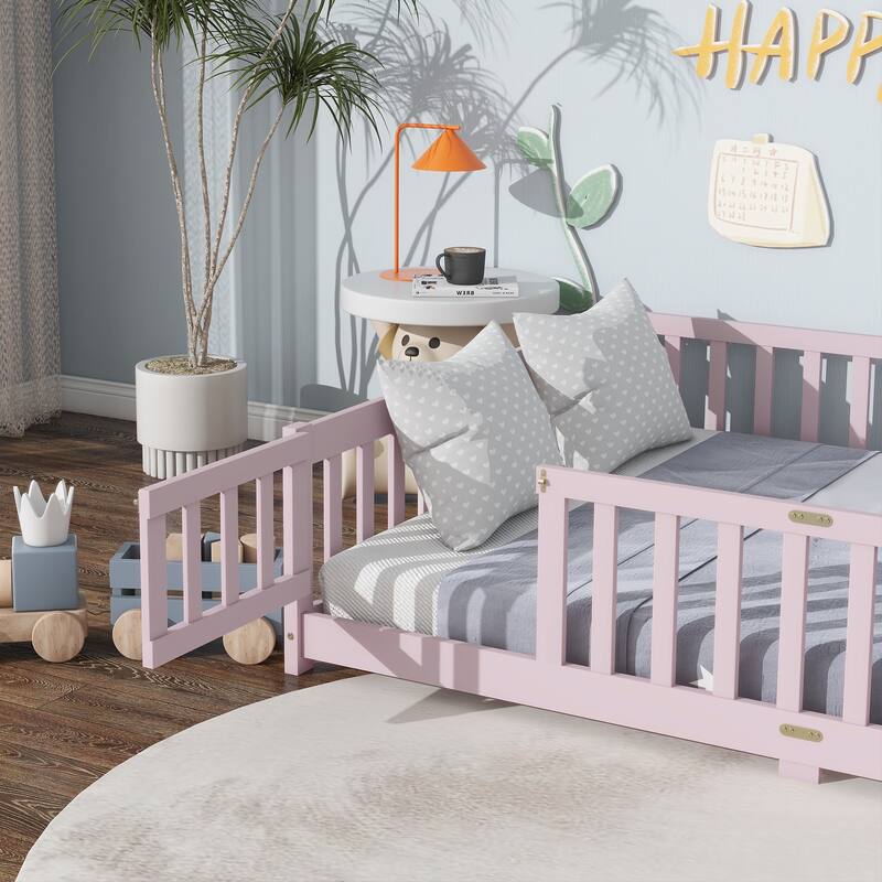 Full Size Floor Bed with Fence and Door, Rubber Wood Floor Bed with Safety Guardrails