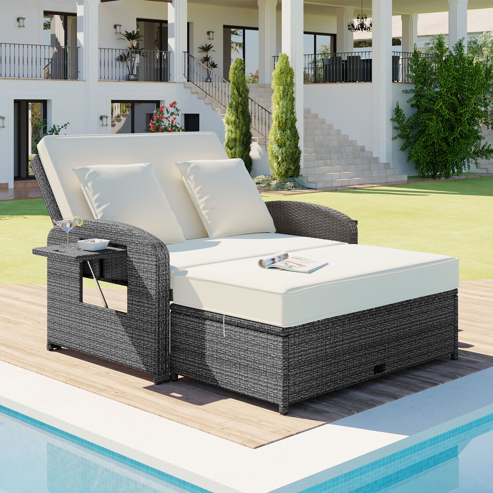 Outdoor Wicker Double Chaise Lounge with Grey Cushion Bed Bath Beyond 37516119