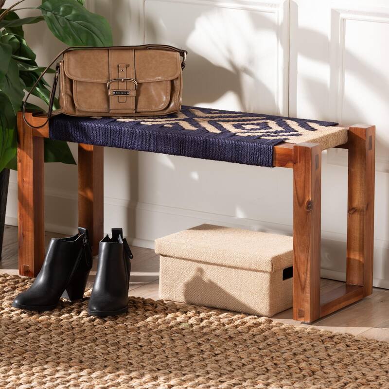 Prunella Modern Bohemian Seagrass and Acacia Wood Accent Bench
