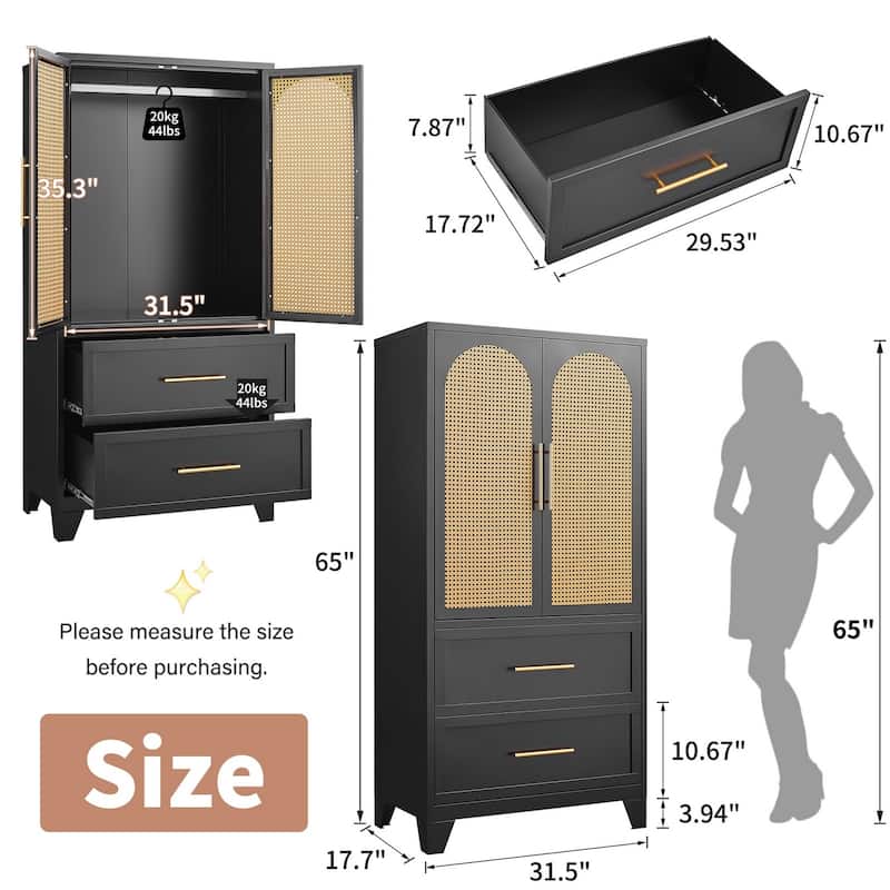 Rattan Armoire Wardrobe Closet Cabinet with Drawer & Hanging Rod - 65"H x 31.5"W x 17.7"D
