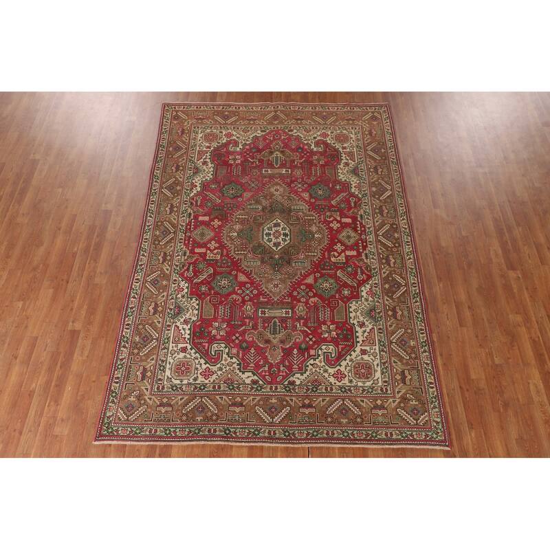 Geometric Pink Tabriz Persian Vintage Rug Hand-Knotted Wool Carpet - 6'7"x 9'9"