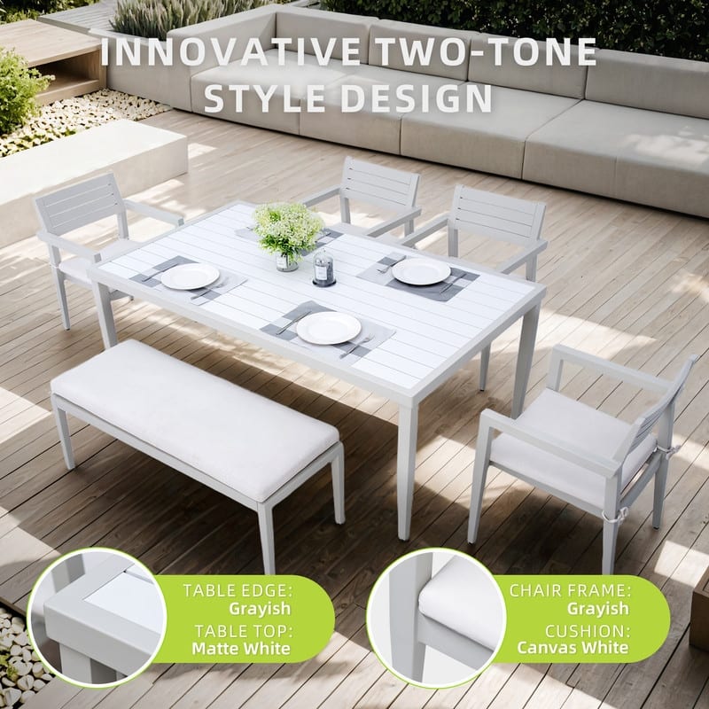 6-Piece Aluminum Patio Dining Set with Sunbrella Cushions – Includes 4 Chairs, 1 Bench & a Two-Tone Table with Umbrella Hole.