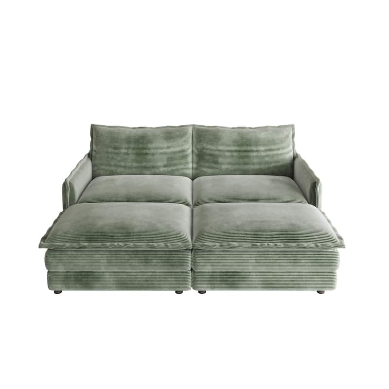 Corduroy Cloud Sleeper Sofa Bed Modular Sectional Sofa with Chaise Lounge Living Room Loveseat Couch with 2 Ottomans