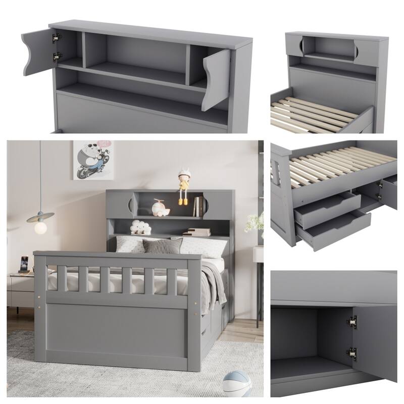 Twin Size Captain Platform Bed Frame w/ Storage Bookcases and Shelves