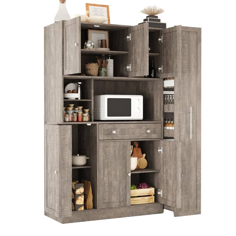Roomfitters Large Kitchen Pantry Cabinet with Pull-Out Side Storage and Hutch, Shaker Style Buffet