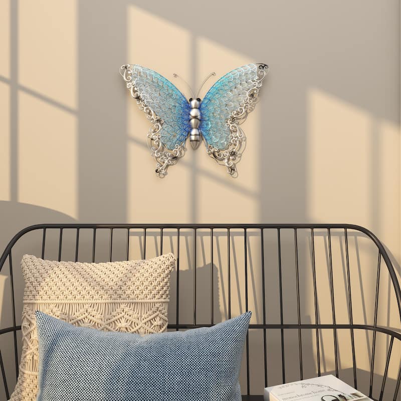 Iron Metal Eclectic Butterfly Wall Decor in Blue, Purple, or Green (16" H X 21" W)