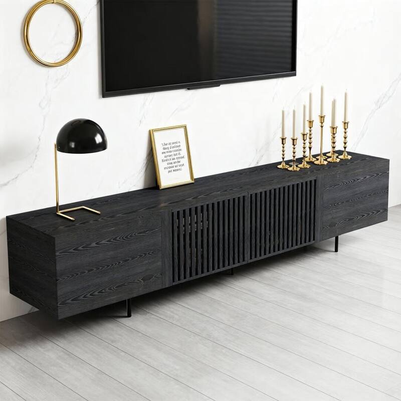 Stylish mid-century modern TV stand for up to 80" TVs. Ample storage for media devices, cable management. easy assembly.